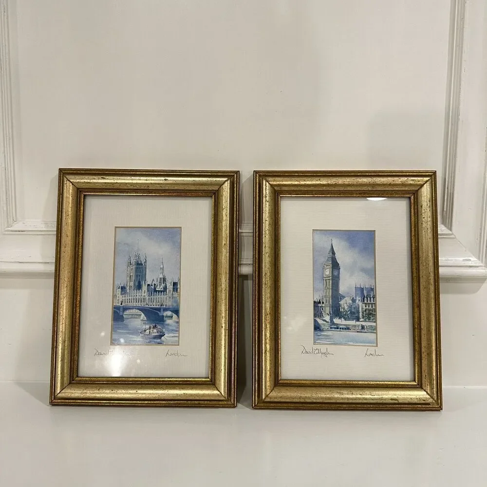 2 DAVID EDDINGTON vintage watercolour/lithograph of London Skyline Signed